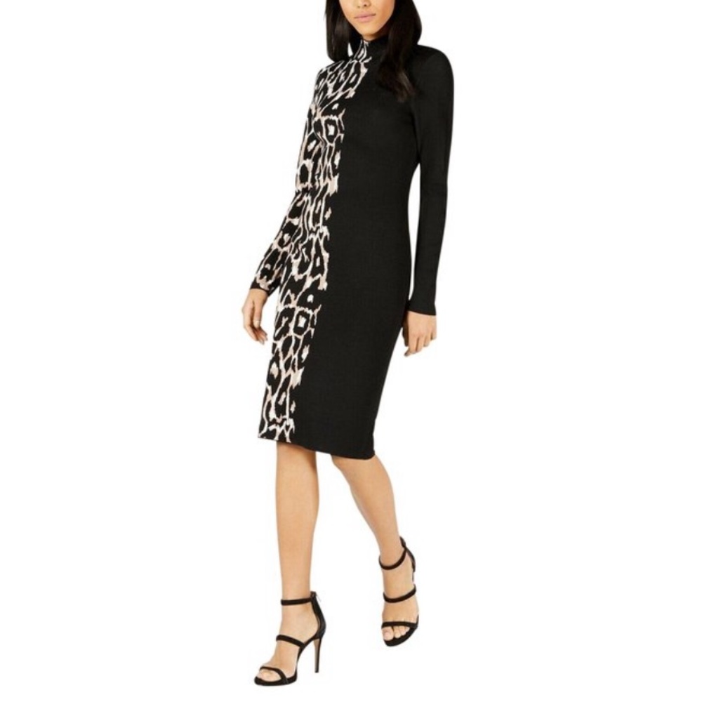 NEW Bar III Black Sweater Leopard Color-block Casual Dress